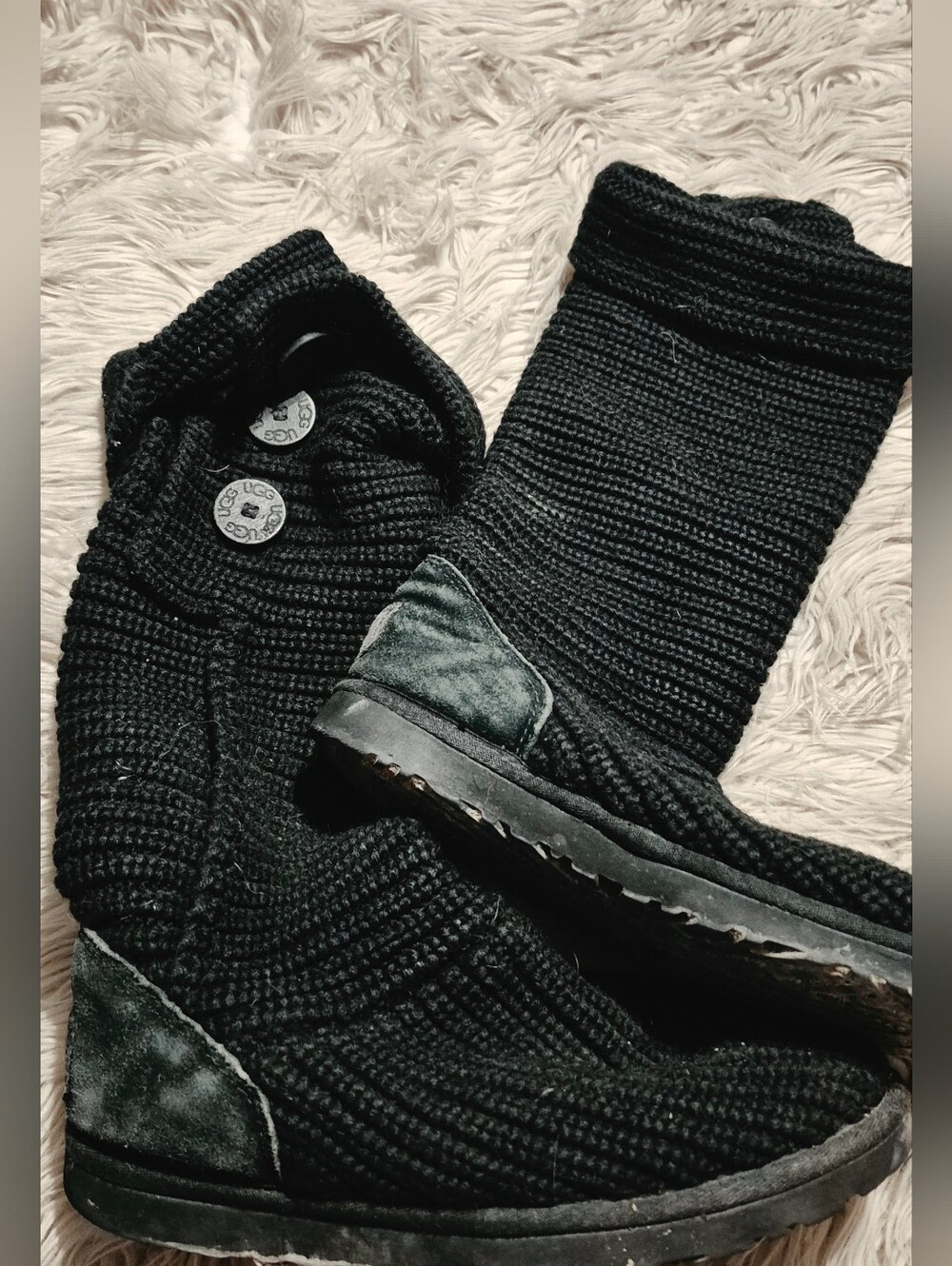 UGG Black Knit Button-Detail Mid-Calf Boots
